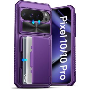 ATATOO for Google Pixel 10/Pixel 10 Pro Case, Built-in Card Holder & Slide Camera Cover & RFID Blocking, Military Grade Protection, Wallet Case for Pixel 10/10 Pro 6.3" 2025, Dark Purple