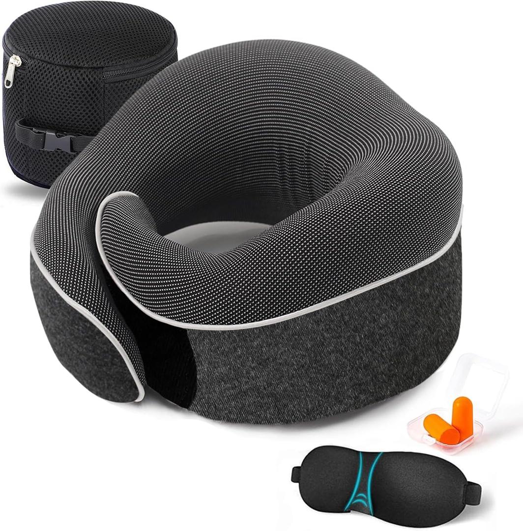 Travel Neck Pillow Chin Support Pillow Adjustable 100% Pure Memory Foam , New Ergonomic Design Soft Best Full Neck Surround Pillow Sleep for Home, Airplanes & Car (Black)