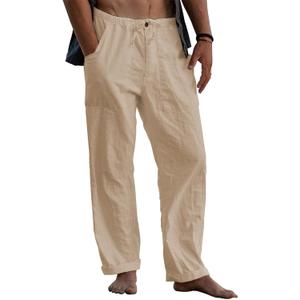 Mens Linen Pants Loose Fit Elastic Waist Drawstring Casual Summer Beach Pants with Pockets Trousers for Men (Beige, M)
