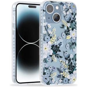SCORPIFY for iPhone 15 Case with Blue Nemophila Floral Design, Cute Clear Flower Phone Cover for Women Girls, [Non Yellowing] Slim Shockproof Bumper with Gold Accents