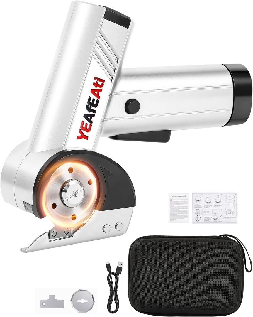 Cordless Electric Scissors - Smart Display & 4-speed Settings, Rechargeable Box Cutter Electric for Fabric, Leather, Padding & Cardboard - White