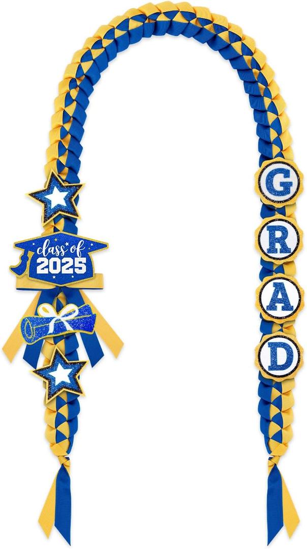 CiyvoLyeen Class of 2025 Graduation Leis with Glitter Pins Handmade Double Braided Ribbon Garland Money Holder Bowknot for Him Her Party Ceremony Present Congrats Grad Gift Idea (Royal Blue & Gold)
