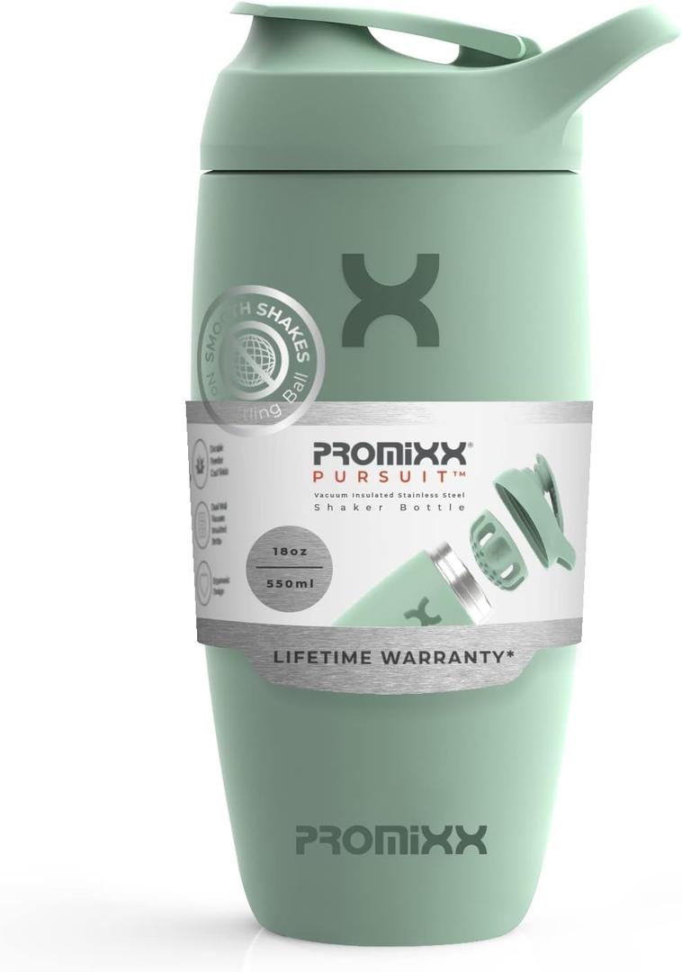 Promixx Pursuit Shaker Bottle Insulated Stainless Steel Water Bottle and shaker Cup, 18oz, Seagrass Green