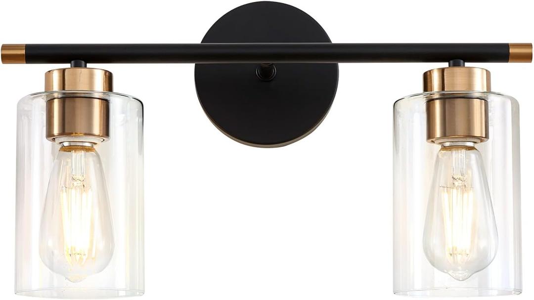 Black Bathroom Light Fixtures, 2-Light Bathroom Vanity Light Over Mirror, Modern Matte Black Wall Sconce Lighting Bath with Clear Glass Shade, Vanity Lights for Mirror Bedroom Living Room