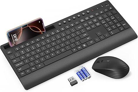 Trueque KM31 Wireless Keyboard and Mouse Combo  FullSize Quiet Typing with Palm Rest, Phone Holder, Multimedia Keys, Power Switch, Batteries Included, Compatible with Windows, Chrome OS, PC, Laptop