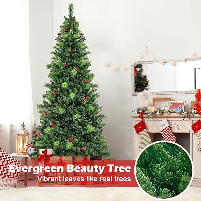 DORTALA 7.5FT Pre-lit Sparse Christmas Tree, Artificial Cypress Xmas Tree with 612 PE Branch Tips, 540 Warm White LED Lights, Folding Metal Stand for Home Office Holiday Party Decor, Green