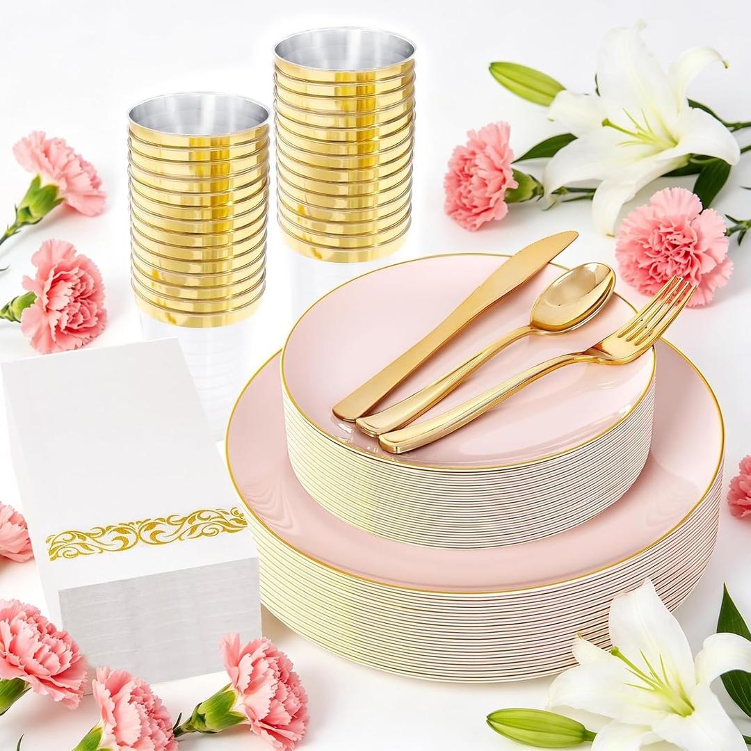 YOUBET 175PCS Pink Plastic Plates - Pink and Gold Disposable Plates Include 50 Plastic Plate, 75 Silverware, 25 Cups, 25 Napkins for Wedding & Party & Birthday Mothers Day