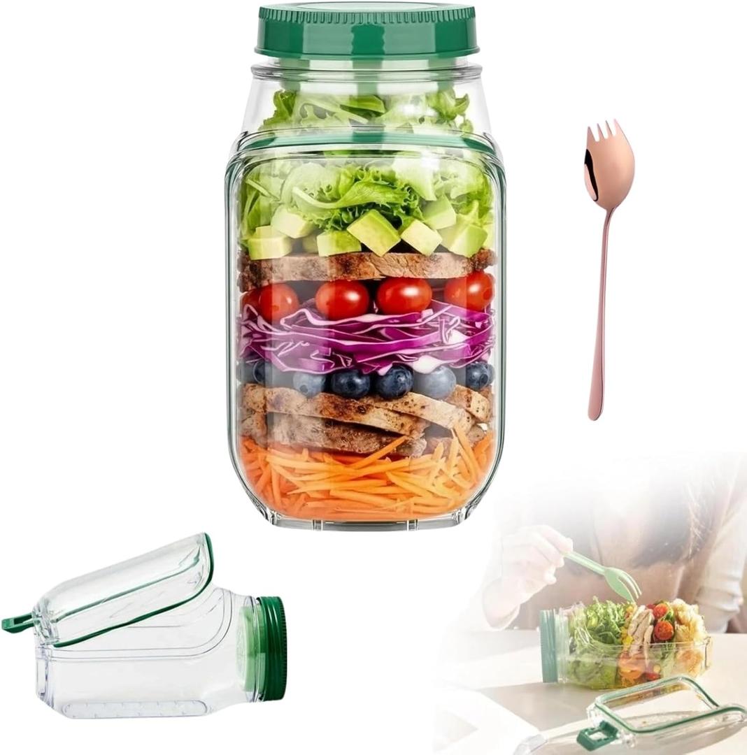 Salad Jar with Side Opening, Side Open Mason Jar with Leakproof Dressing Compartment and Fork, Portable On the Go Lunch Container, Dishwasher & Freezer Safe, for Office,Travel and Outdoor (Green)