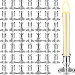Yungyan 48 Pieces Window Taper Candle Holders Plastic Traditional Candlesticks Only for Flameless LED Table Centerpiece Pillar Candle Holder for Halloween Christmas Wedding Dinner Tables (Silver)