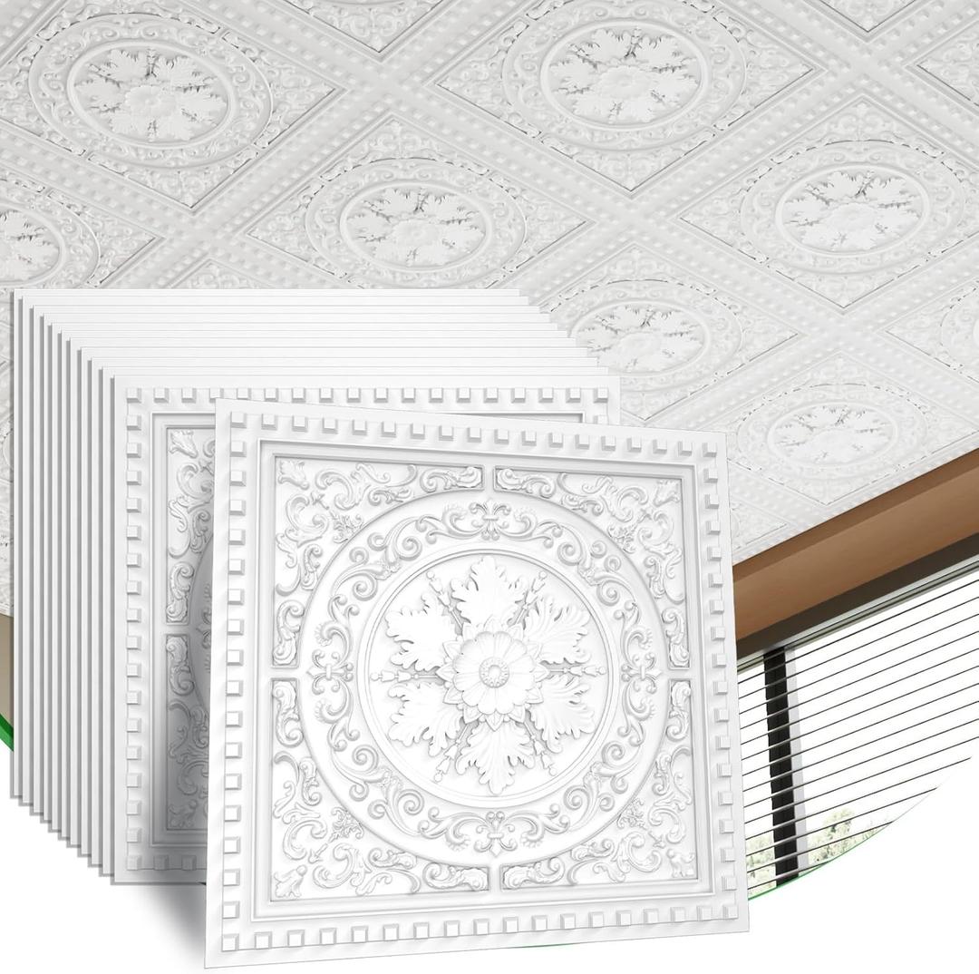 24 PCS 2x2 FT Luxury Carved Circle Decorative Ceiling Tiles, 24x24 Inch 3D Modern Minimalist Ceiling Panels, PVC Waterproof Cuttable Material Ideal for Living Room Bedroom Cover 96 Sq.Ft