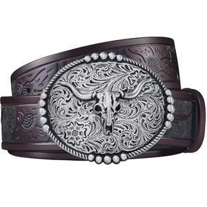 FIORETTO Western Cowboy Belts for Men Women Cowgirl Leather Belt Big Buckle Bull Belt for Jeans Coffee