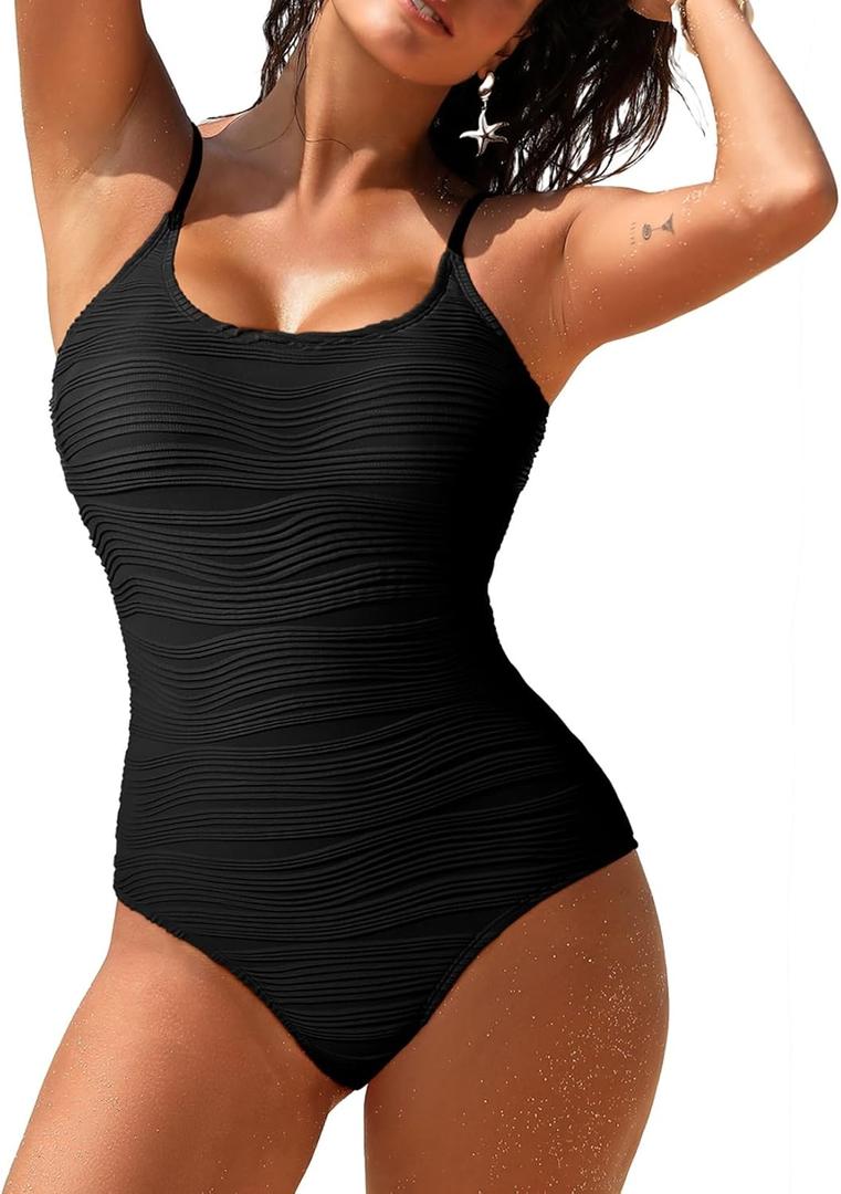 Pink Queen Womens One Piece Swimsuits High Waisted Tummy Control Bathing Suit Textured Swimwear (Small, Black)
