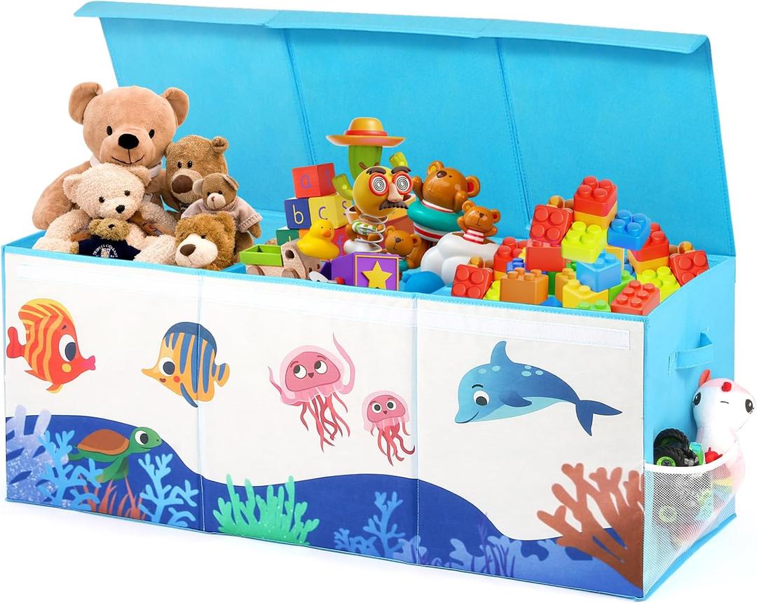 Extra Large Toy Box, Collapsible Storage Organizer with Lids, Sturdy Ocean Toy Chest for Boys Girls, 40"x14"x16" Kids Storage Bin Box Baskets for Living Room, Playroom, Bedroom, Nursery