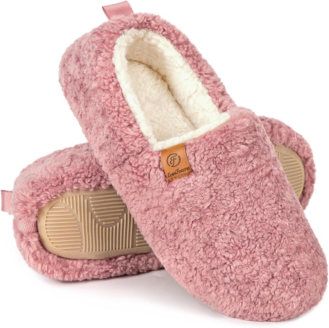 EverFoams Womens Soft Curly Full Slippers Memory Foam Lightweight House Shoes Cozy Loafer with Polar Fleece Lining (5-6, Pink)