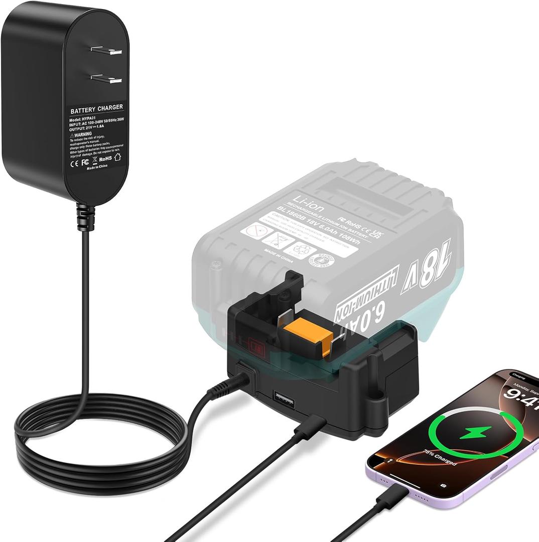 DC18RC Charger for Makita 18V Battery Charger, 2-in-1 DC Charging Adapter with USB & Type-C Port, Power Source for Phone, Compatible with Makita 18V 21V Lithium-ion Battery BL1850 BL1830 BL1815