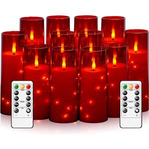 Flameless Candles with Embedded Star String - Battery Operated LED Candles, with Remote,12 Red Flickering Candles for Christmas, Weddings, Home Decor & Party,(D 2.3"H 5" 6" 7")