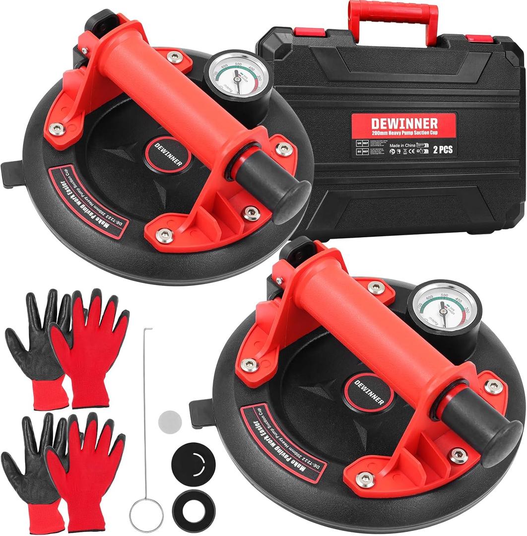 DEWINNER 8" Glass Suction Cups with Pressure Gauge - 662 lbs Load Capacity - Industrial Vacuum Lifter for Large Glass, Tile, Granite, Windows, and Windshields - Includes Carrying Case - 2 Pack