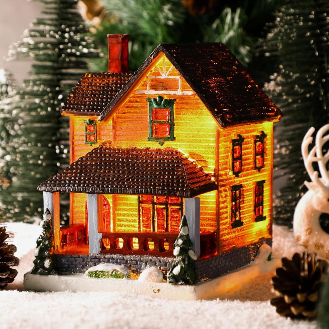 Large Christmas Village Houses with Warm Light Battery Operate Lighted Christmas Town Village Accessories Resin Snow Town Building for Xmas Gifts Home Tabletop Decoration(Novelty Style)