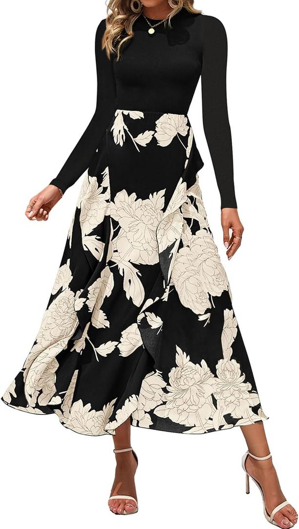 BTFBM Womens Fall Fashion 2024 Floral Maxi Dress Casual Crewneck Long Sleeve Ruffle Flowy Cocktail Wedding Guest Dresses, Small