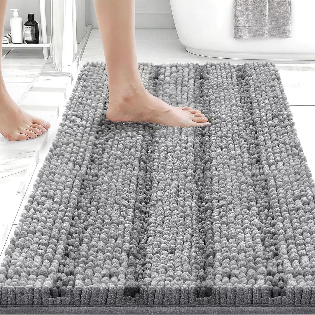 Bcoimo 24"17" Chenille Bath Mat  Non-Slip with Backing Bath Rug Ultra-Absorbent and Machine Washable Bathroom Mat Quick-Dry Design. Ideal for Bathroom and Tub Areas (1'5" x 2' (Rectangular), Grey)