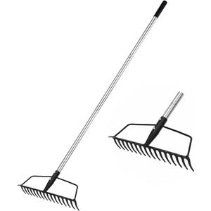 Garden Rake, Metal Sturdy and Heavy Duty Metal Rake, 16-Tine Bow Rake with Adjustable Stainless Steel Handle, Long Shaft for Loosening Soil, Leveling Mulch, Gathering Leaves