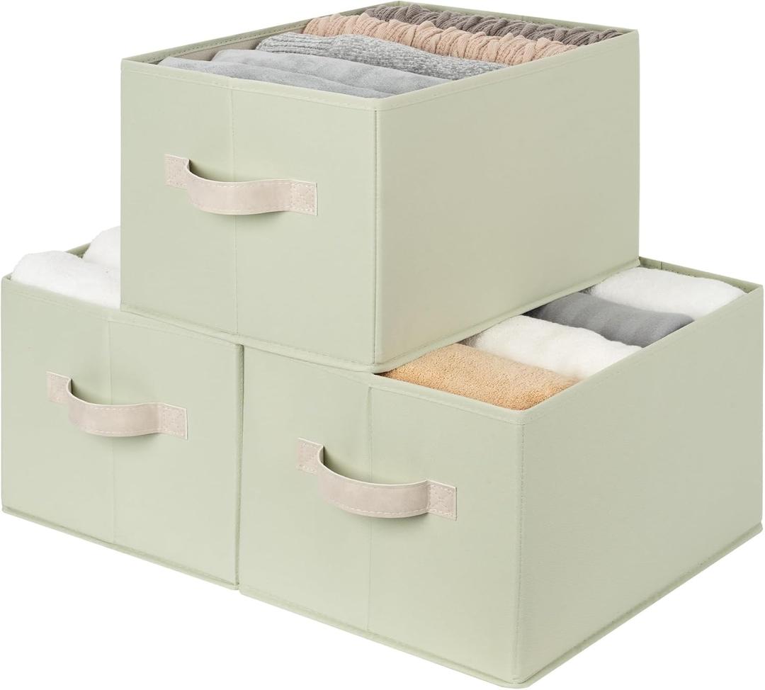 StorageWorks Storage Baskets for Shelves, Closet Organizers and Storage Basket, Fabric Clothes Organizer with Leather Handles, Light Green, 3-Pack, Large