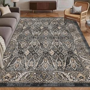 Washable Area Rug 3' x 5 ' Vintage Traditional Persian Mat - Foldable Distressed Non-Slip Machine Washable Carpet for Living Room Bedroom Kitchen Home Decor - Ebony and Taupe