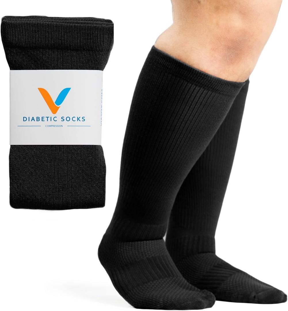 Viasox Compression Socks for Women and Men, Knee High Socks 12-15 mmhg Circulation Support for Flight, Travel (Large, Black)