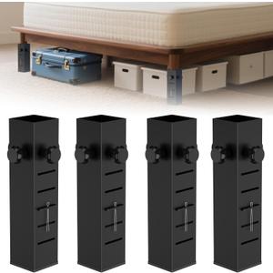 Heavy Duty Dorm Bed Risers Extenders, Increase Under-Bed Storage Space, Fits Bed Legs 1.5" to 2.2" Diameter, Thickened Steel for Extra Stability, 5-Level Adjustable Height, Black, 4-Piece.