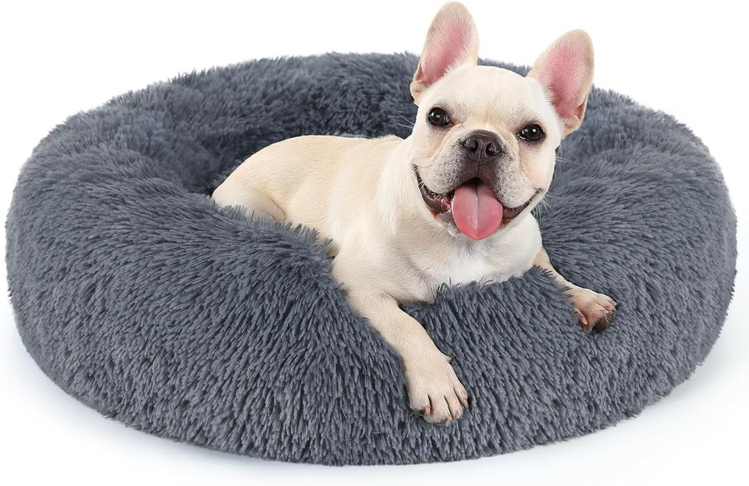 rabbitgoo Dog Bed for Small, 24 inches Machine Washable, Fluffy Donut Pet Bed Anti-Slip, Calming Soft Plush Round Cushion, Fits up to 18 lbs Pets, Dark Grey (24"L x 24"W x 5.7"Th)