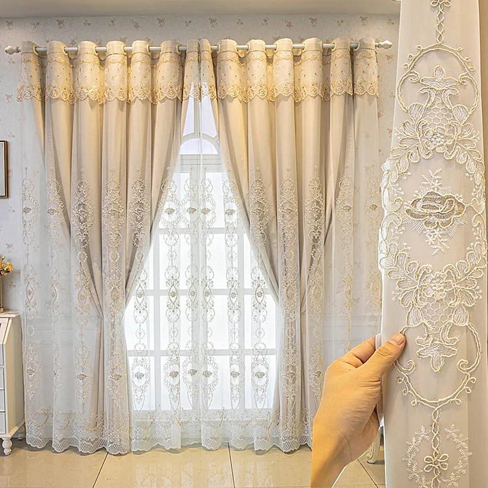 Amidoudou 1 Pair European Double Layer Curtains with Valances for Living Room Bedroom 3D Flower Embroidered Curtains (Beige,63x84 Inch)