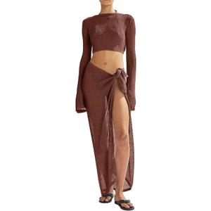 Women's Swimsuits Cover Ups Set for Crochet Bathing Suit Hollow Out 2 Piece Bikini Coverup Beach Swimwear (Brown, S)