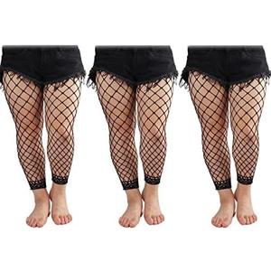 Phedrew Women's Plus Size Fishnet Stockings 3 Pairs High Waist Stretchy Footless Tights