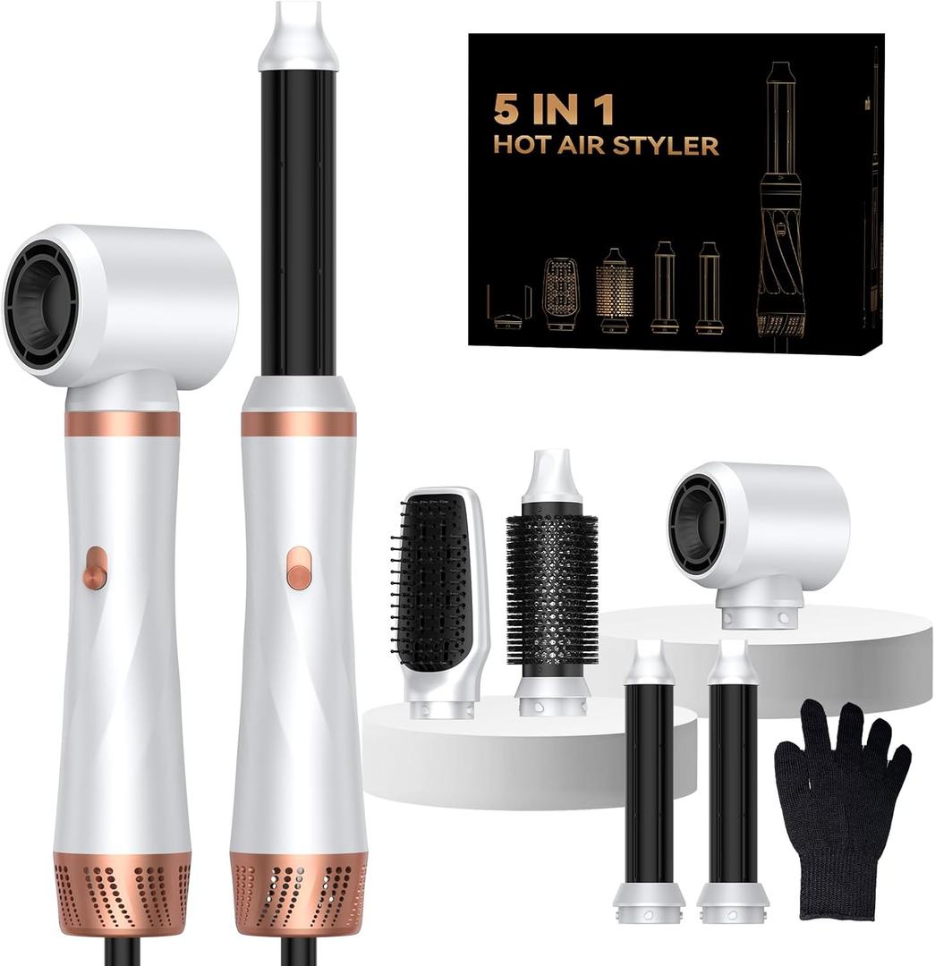 Hair Dryer Brush 5 in 1, Blow Dryer Brush Set with Air Curler Wrap Hair Styler, Negative Ionic Blow Dry Brush, Detachable Hair Tool for Curling, Volumizer,Straightener,Drying (White Rose Gold)