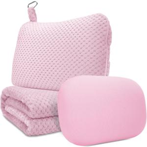 Travel Pillow Blanket Set-3 in 1 Travel Pillow Memory Foam, Soft Travel Blanket Airplane Compact with Bag, Inner Pillowcase, Hand Luggage Belts and Backpack Clip, for Plane Car, Pink
