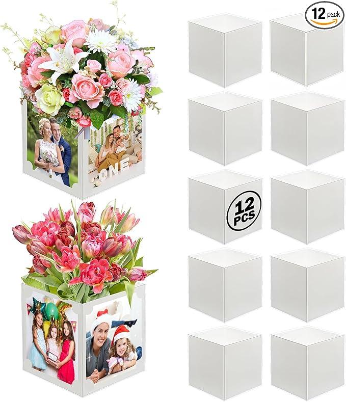 12 Pcs Picture Centerpieces for Table Photo Display 7"x7"x9" Frame & Hollow Picture Props Boxes for Congrats Grad Decor, Wedding, Birthday Party Thanksgiving Christmas Table Decoration (White)
