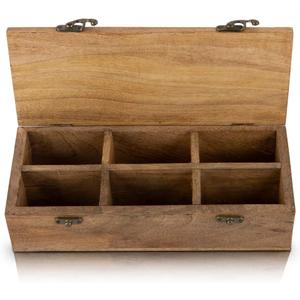 Wooden Tea Box Storage Chest Organizer Container Holder Rack With 6 Storage Compartments For Assorted Variety Of Loose Tea Spices & Herbs Natural Eco Friendly Vintage Rustic Decorative Box