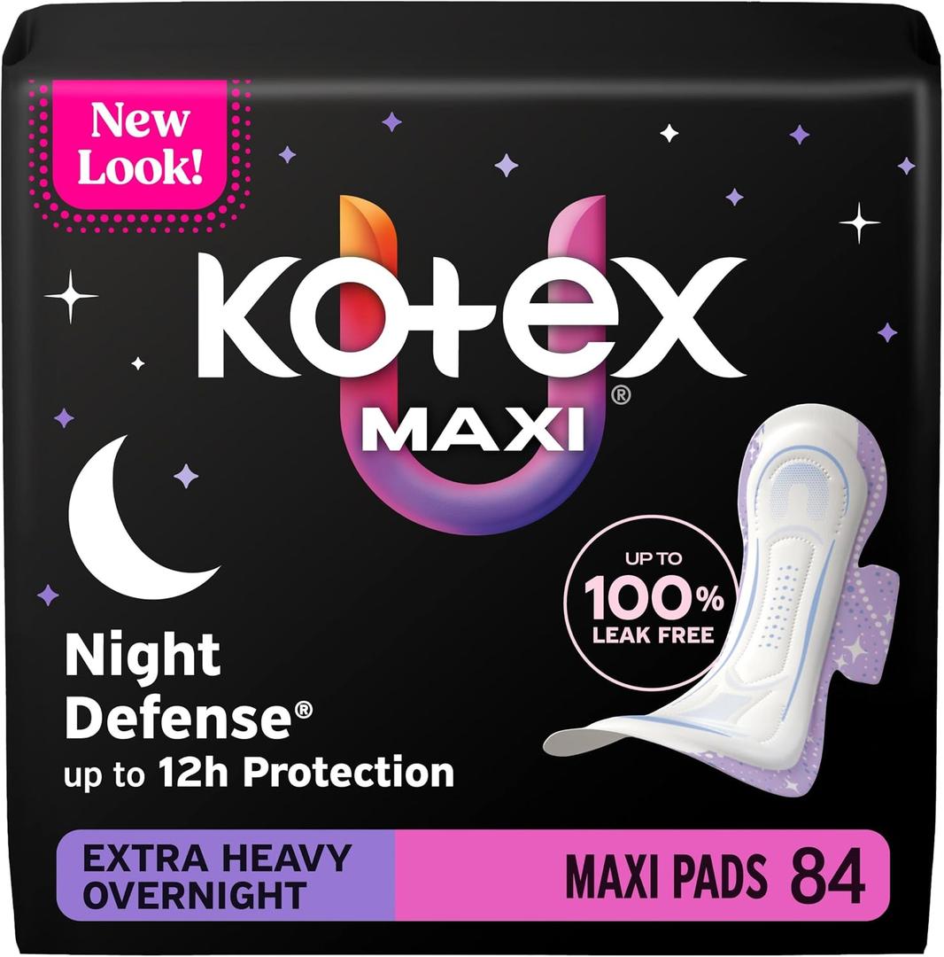 Kotex Overnight Maxi Pads with Wings, Extra Heavy Absorbency, 84 Count (3 Packs of 28)