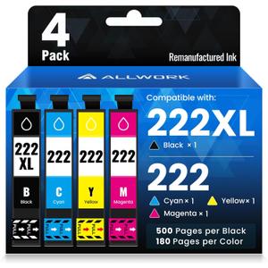ALLWORK 222XL 222 Remanufactured Ink Cartridges Replacement for Epson 222 T222XL 222XL T222 T222120 T222220 T222320 T222420 Works with Epson Expression Home XP-5200 Workforce WF-2960 Series Printer