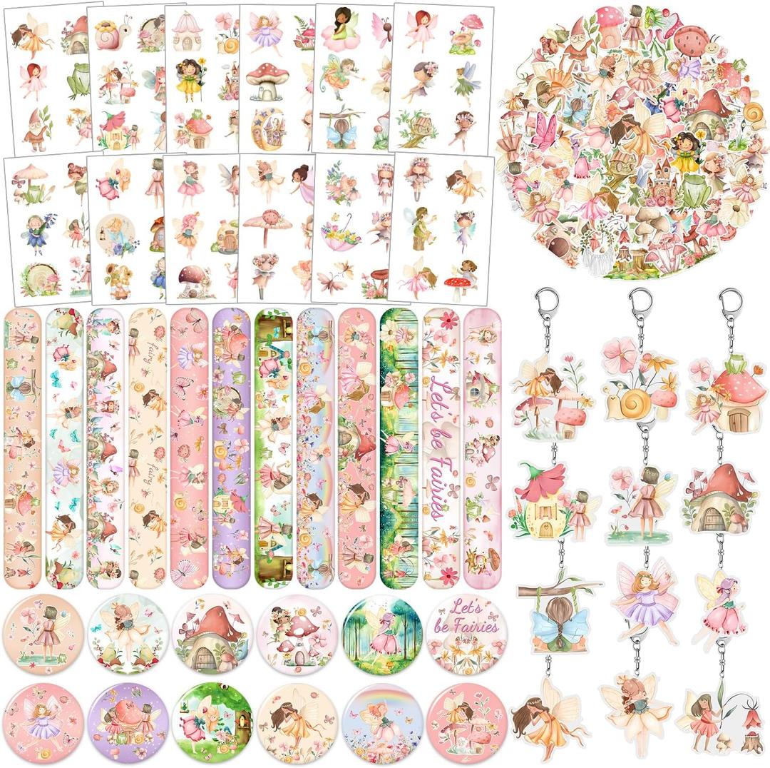 98PCS Party Favors - Woodland Fairy Decorations with Slap Bracelets, Stickers, Badges, Keychains, Tattoos for First Birthday Party Supplies
