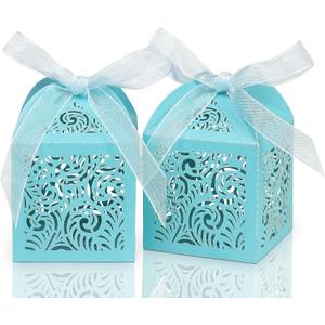 COTOPHER 100Pcs Laser Cut Favor Boxes, 2x2x2.75in Small Gift Boxes for Presents, Party Wedding Favors Boxes with Ribbon, Mini Candy Boxes for Event Bridal Shower Anniversary Birthday Christmas, Sky Blue