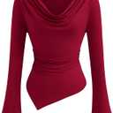 PRETTYGARDEN Womens Bell Long Sleeve Shirts Casual Cowl Neck Asymmetrical Slim Fit Crop Tops Y2K Going Out Spring Clothes (XX-Large, Burgundy)