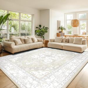 8x10 Area Rug Vintage Machine Washable Low Pile Carpet No Shedding Area Rugs for Living Room Bedroom Dining Room Kitchen Entryway Hallway Office Indoor-Cream/Multi