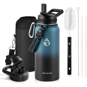 RAYMYLO Insulated Water Bottle 32 oz, Triple Wall Vacuum Stainless Steel (Cold for 24Hrs, Hot for 12Hrs), Leak Proof & Non-BPA, Modern Water Flask Jug with Paracord Handle & Straw Spout Lids