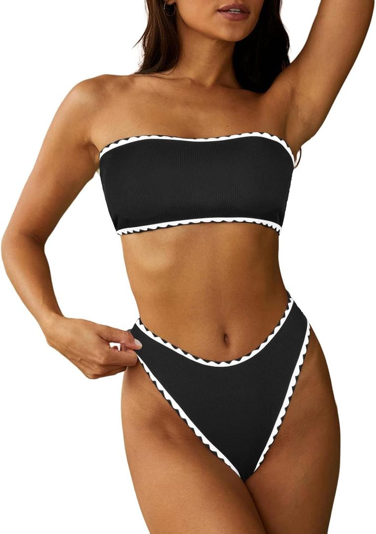 ZAFUL Women Strapless Textured Bandeau Bikini 2 Piece Swimwear Cheeky Solid Lace up Bathing Suits (Medium, 4-black-teeth)