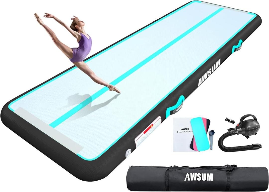 AWSUM Inflatable Air Gymnastics Mat 10ft/13ft/16ft/20ft/23ft Training mat 4/8 inches Thick tumbling mat with Electric Pump for Home/Gym/Outdoor (Mint Green/Black)