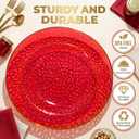 I00000 150Pcs Red Plastic Plates with Gold Rim,Fancy Plastic Plates,Red hammer patterned Disposable plates Set include 30 Dinner Plate,30 Dessert Plate,90 plastic Silverware Set for Valentine's Day