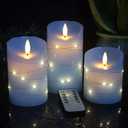 danip Sky Blue LED Flameless Candle, with Embedded Star String, 3-Piece Set of LED Candles, with 11 Button Remote Control, 24-Hour Timer Function, Dancing Flames, Real Wax, Battery Powered.