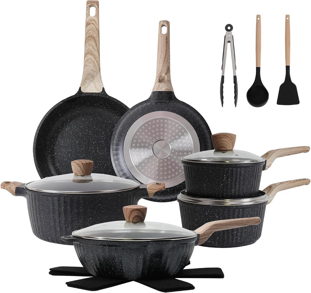 Pots and Pans Set Non Stick, 17Pcs Kitchen Cookware Sets, Granite Stone Induction Cookware Non Stick Cooking Set w/Frying Pans, Saucepans, Sauté Pan (PFOA Free), Black