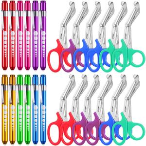 Chumia 24 Pack Trauma Shears Pen Light Bulk for Nurses Nursing Scissors with Pupil Gauge Bandage Nurse Scissors LED Penlight Medical Accessories Gifts for Doctor CNA RN First Aid EMT EMS (Rainbow)